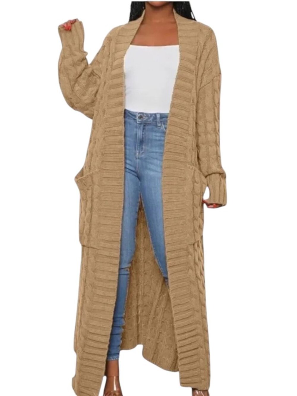Tan Cable Knit Front Pockets Maxi Cardigan Sweater Large